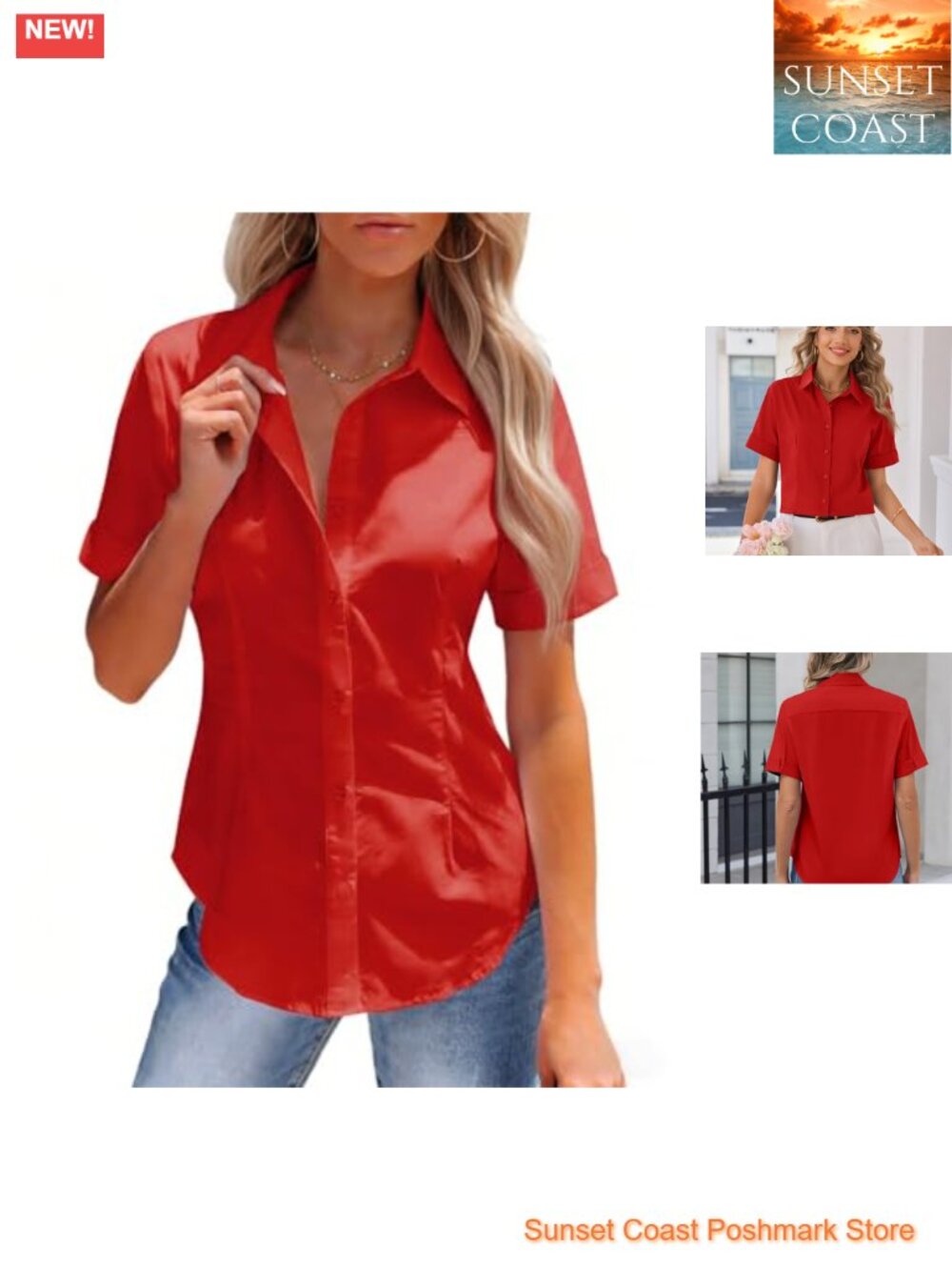 Stain Resistant Button Down Work Blouse Short Sleeve Business Casual